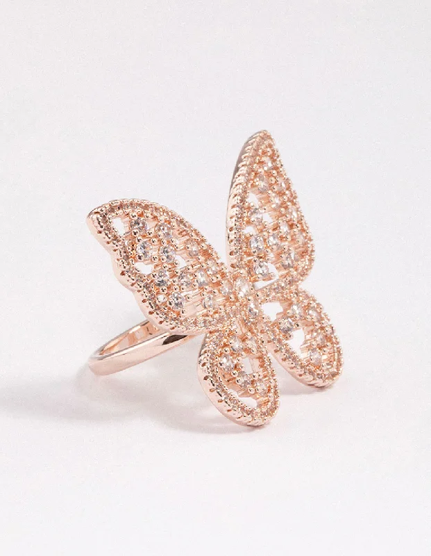 Handcrafted rings with raw emerald rough stones -Rose Gold Statement Butterfly Ring