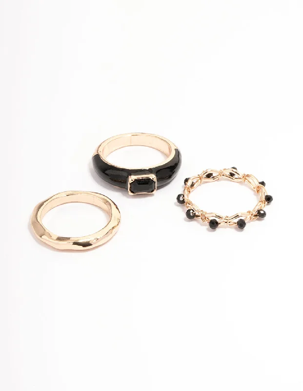 Rings with adjustable bands for perfect fit -Black Enamel Rectangle Triple Stack Ring