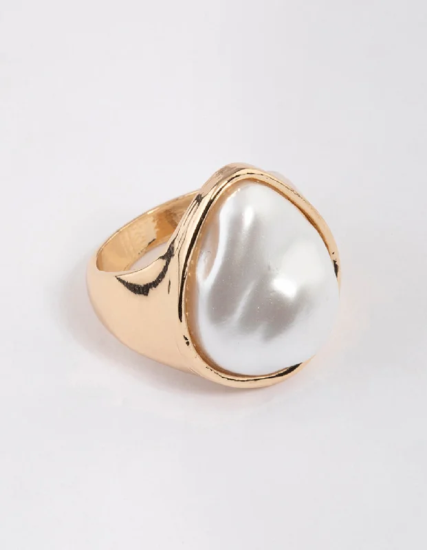 Titanium rings with rugged brushed metal look -Gold Irregular Pearl Ring