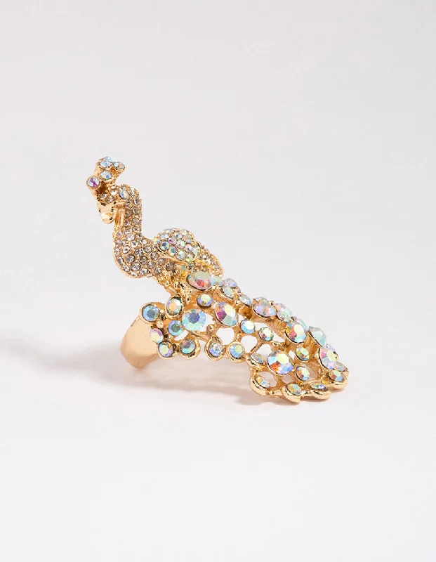 Stackable rings with mixed metal finishes -Gold Statement Peacock Ring