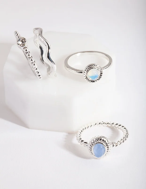 Rings with sunstone gems for fiery sparkle -Silver Blue Stone Ring Stack