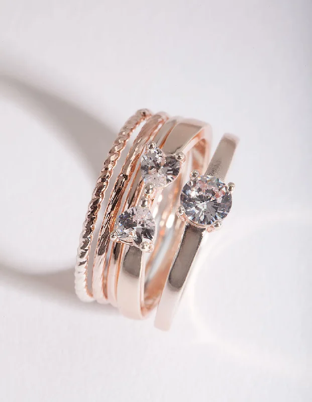 Rings with coral stones for vibrant pop -Rose Gold Cubic Zirconia 5 Band Ring Stack