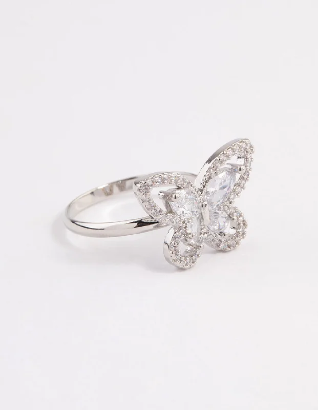 Rings with infinity loops for timeless love -Rhodium Sparkling Butterfly Cocktail Ring