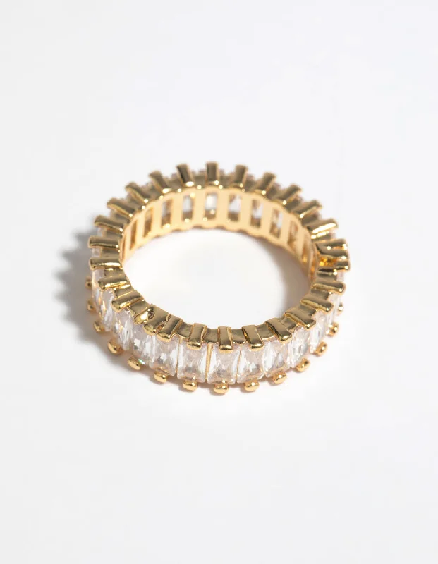 Rings with wide bands for statement wear -Gold Cubic Zirconia Baguette Ring