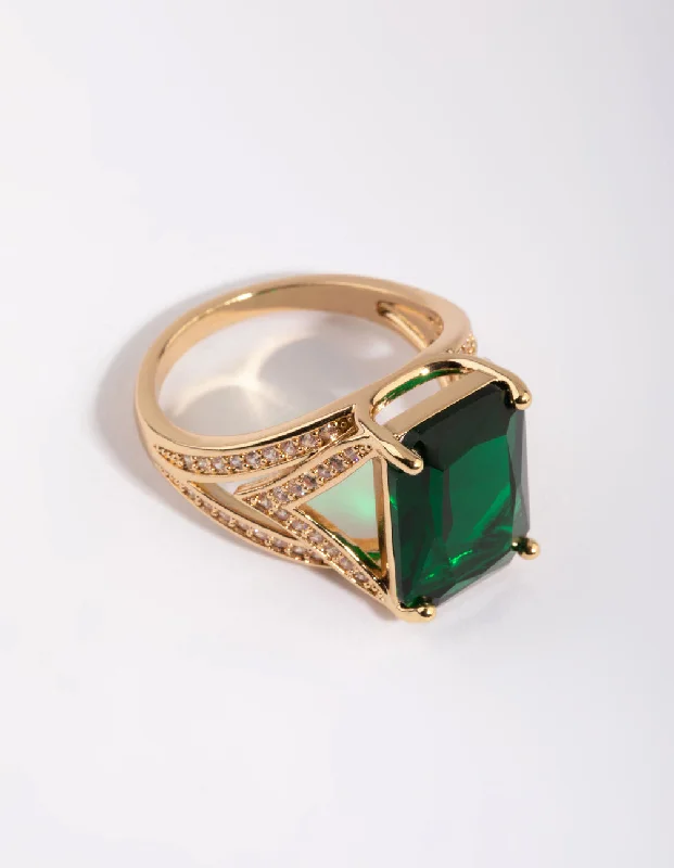 Rings with etched floral bands for detail -Gold Emerald Cubic Zirconia Statement Ring