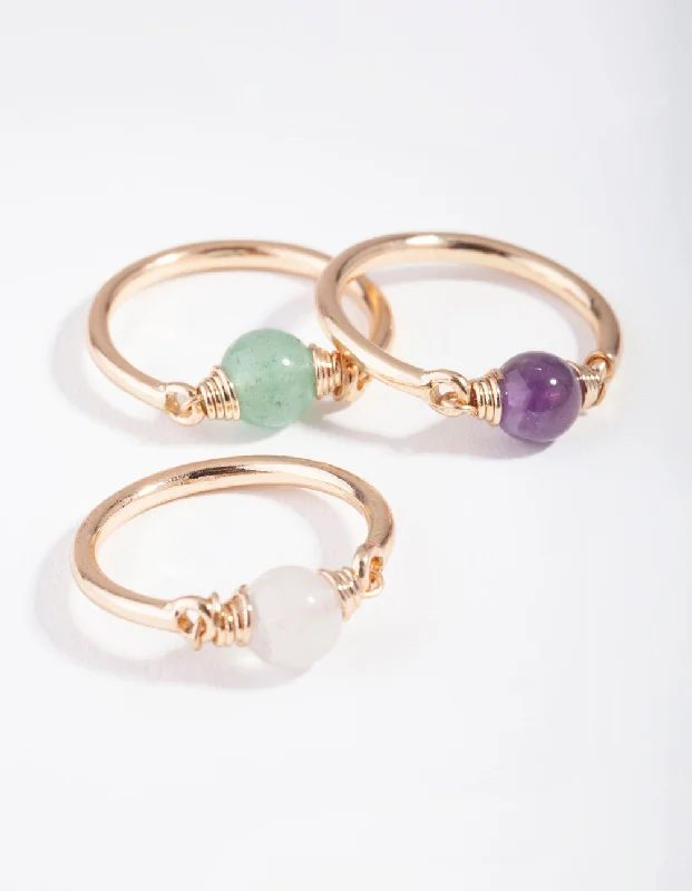 Rings with star sapphire for unique glow -Gold Semi-Precious Sphere 3-Stack Ring