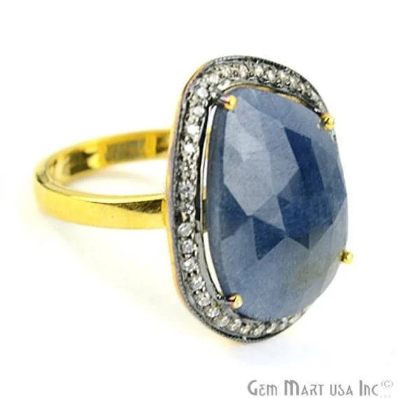 Rings with faceted aquamarine for sea glow -Sapphire Cz Pave Diamond Ring, Gold Vermeil Prong Setting Gemstone, Gift Diamond Ring (CZRG-12476)