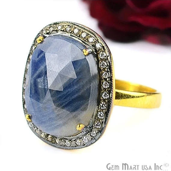 Rings with gothic rose quartz for drama -Sapphire Cz Pave Diamond Ring, Gold Vermeil Prong Setting Gemstone, Gift Diamond Ring (CZRG-12525)