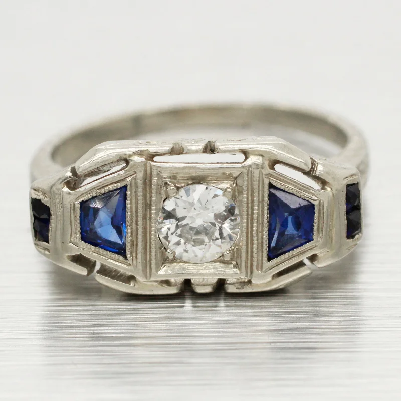 Rings with oxidized silver for antique appeal -Antique Art Deco 0.30ct Diamond & Sapphire Band Ring - 18k White Gold