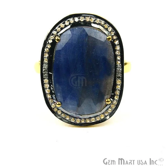 Rings with oxidized bands for vintage edge -Sapphire with Diamond Pave Ring, 925 Sterling Silver Gold Vermeil Adjustable Gemstone Ring (NDRG-12010)