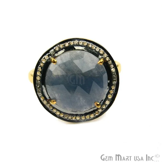 Rings with polished onyx for sleek contrast -Sapphire with Diamond Pave Ring, 925 Sterling Silver Gold Vermeil Adjustable Gemstone Ring (NDRG-12014)