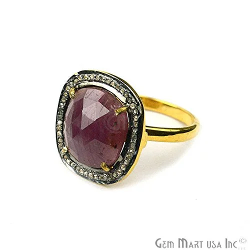 Rings with faceted garnet for deep shine -Sapphire with Diamond Pave Ring, 925 Sterling Silver Gold Vermeil Adjustable Gemstone Ring (NDRG-12022)