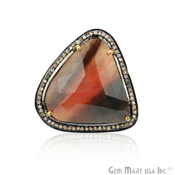 Rings with natural amber for warm glow -Sapphire with Diamond Pave Ring, 925 Sterling Silver Gold Vermeil Adjustable Gemstone Ring (NDRG-12041)