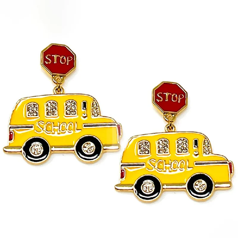 Rings with floral halo diamond arrangements -SCHOOL BUS DANGLE EARRING