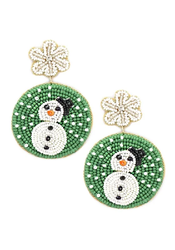 Rings with black diamond for striking contrast -Seed Bead Snowman Dangle Earring