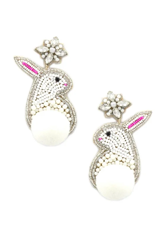 Rings with double bands for modern twist -Seed Bead White Bunny Dangle Earring