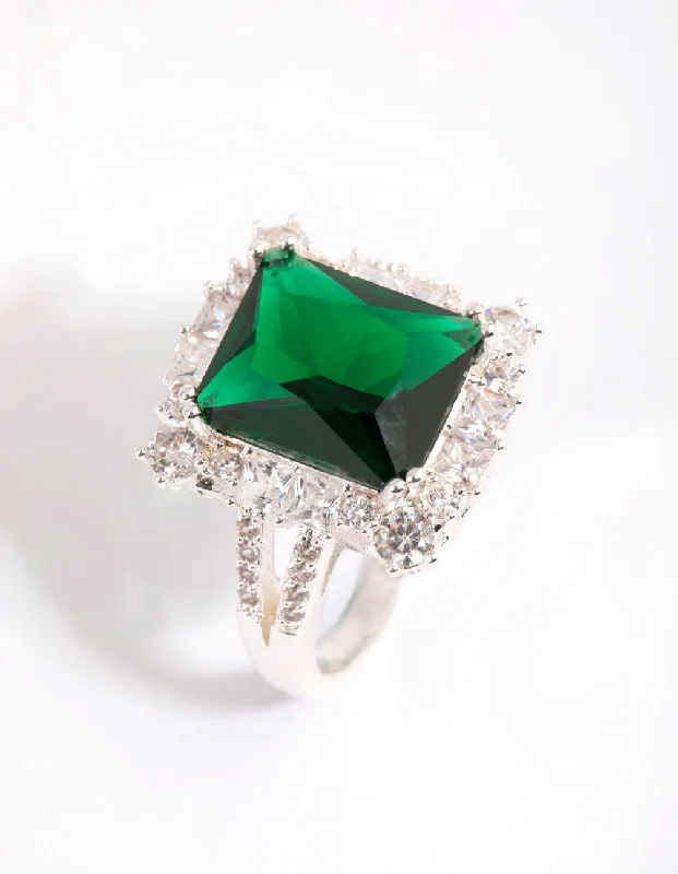 Rings with etched floral bands for detail -Rhodium Asscher Emerald Cubic Zirconia Ring