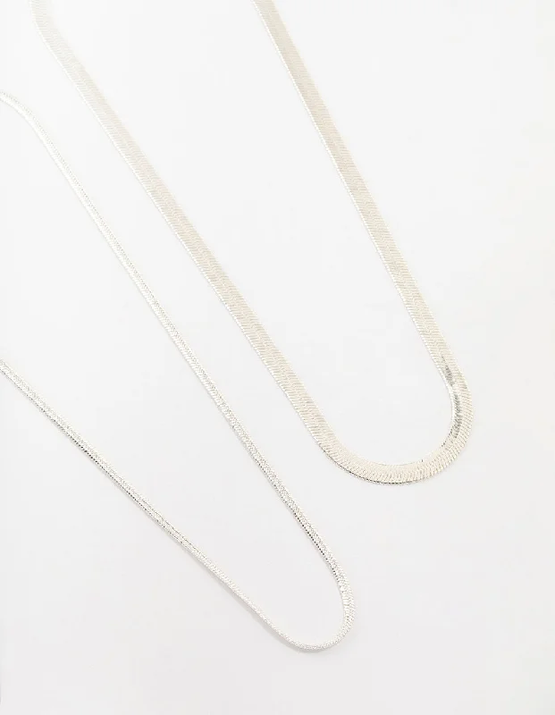 Rings with shield-shaped stones for boldness -Silver Plated Herringbone Chain Necklaces 2-Pack