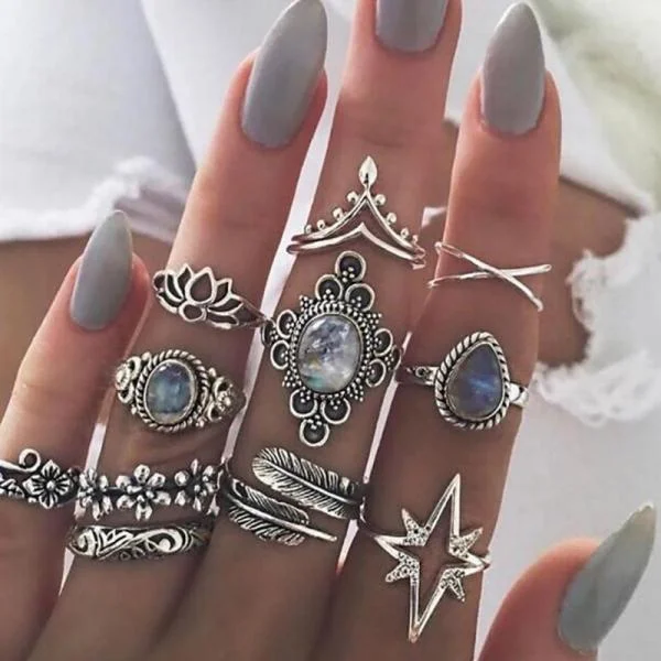 Stackable rings with mixed metal finishes -Silver Rings 11 Pcs/set Drop Stars Crystals Gem Joint Ring