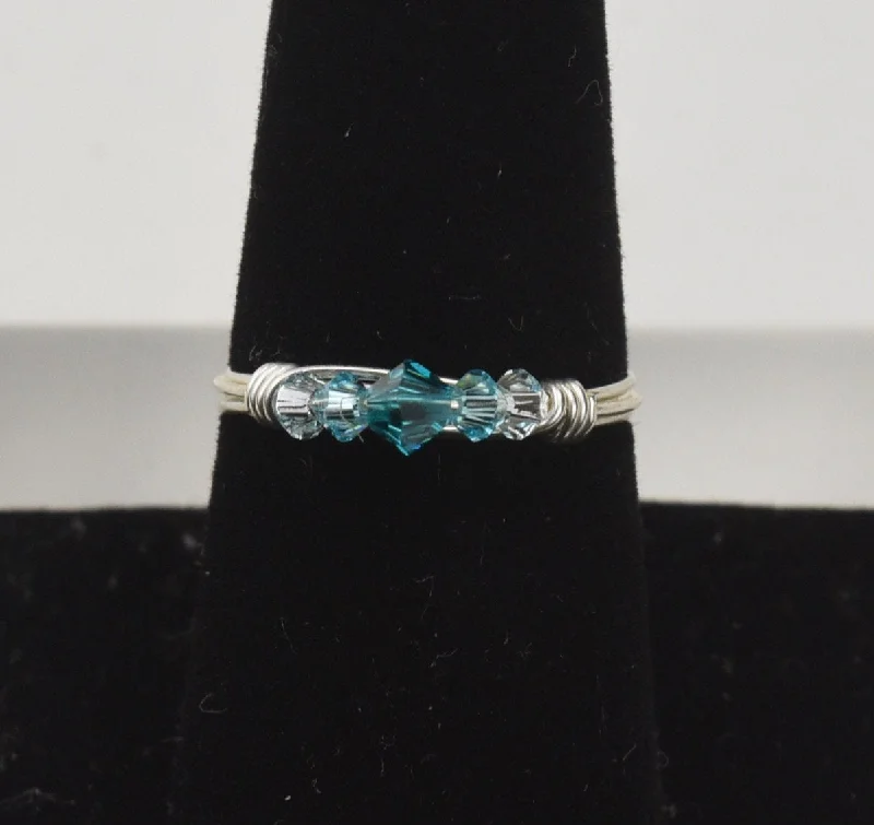 Sterling silver rings with vibrant turquoise stones -Silver Wire Wrapped Blue Beads Ring