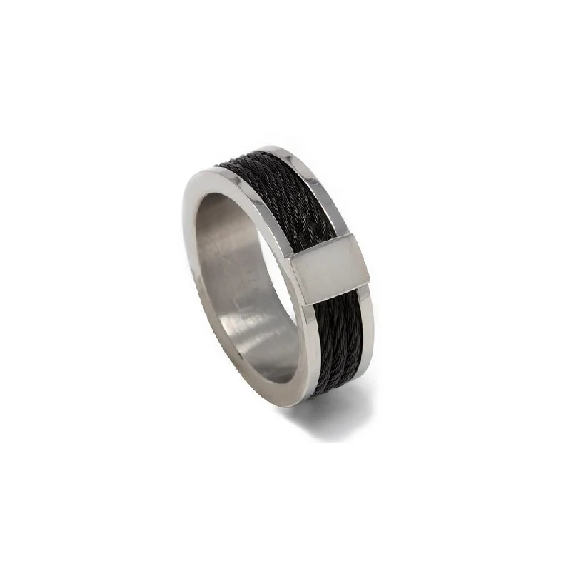 Simple rings with polished black onyx shine -Stainless St. 3 Black Cable Inlay Ring