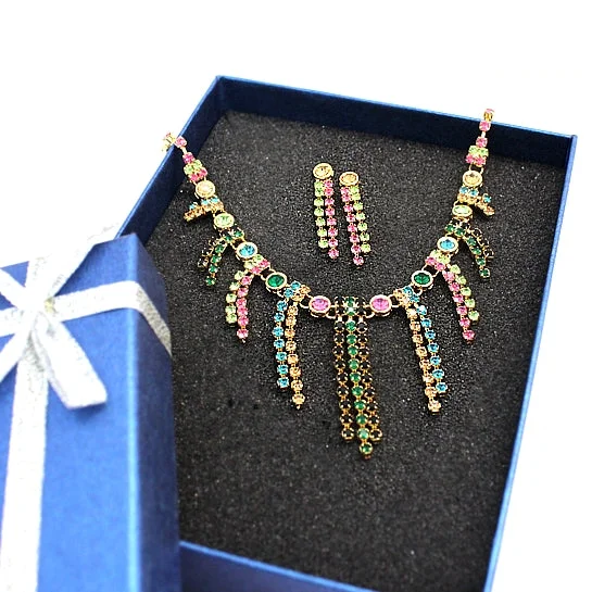 Rings with crescent moon for lunar charm -Tassel Colorful Crystals Lady Earring Necklace Set