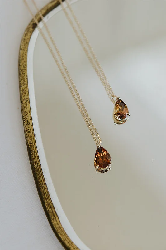 Necklaces and pendants with custom designs for a completely unique jewelry piece-Teardrop Prong Set Necklace - Orange Zircon 14K