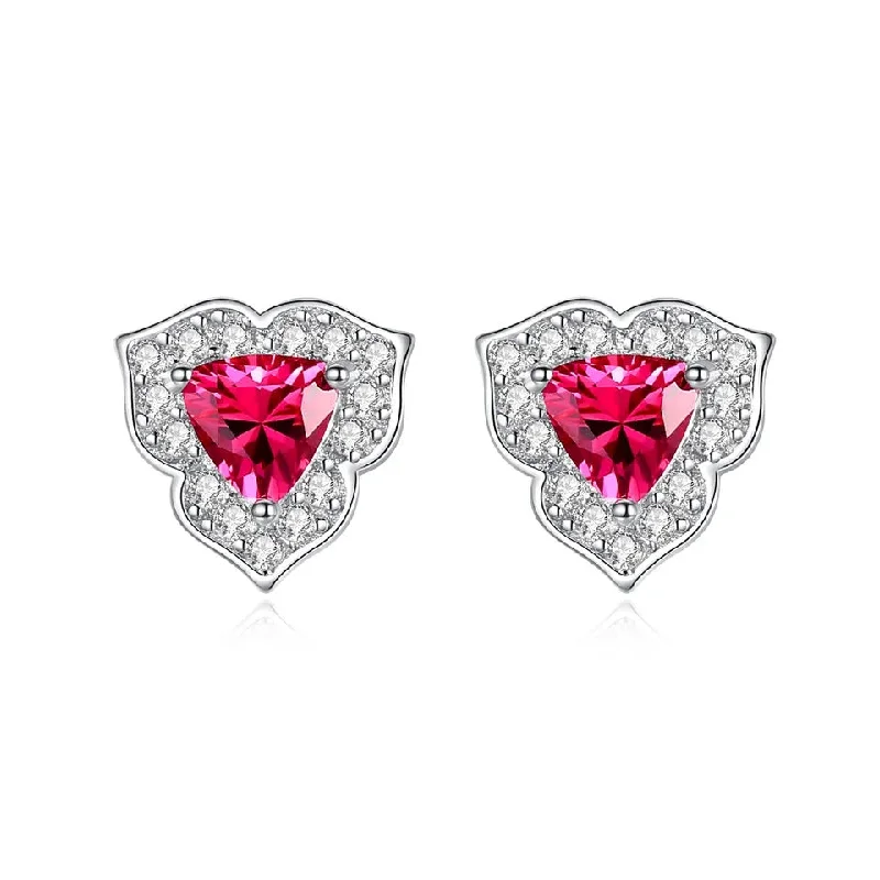 Rings with herkimer diamonds for raw clarity -Three Petals Sterling Silver S925 Elegant Triangle Red Heart Earring Jewelry for Women