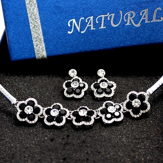 Rings with sleek black agate for edge -Flower Party Crystal Jet Earring Necklace Set birthday gifts for her