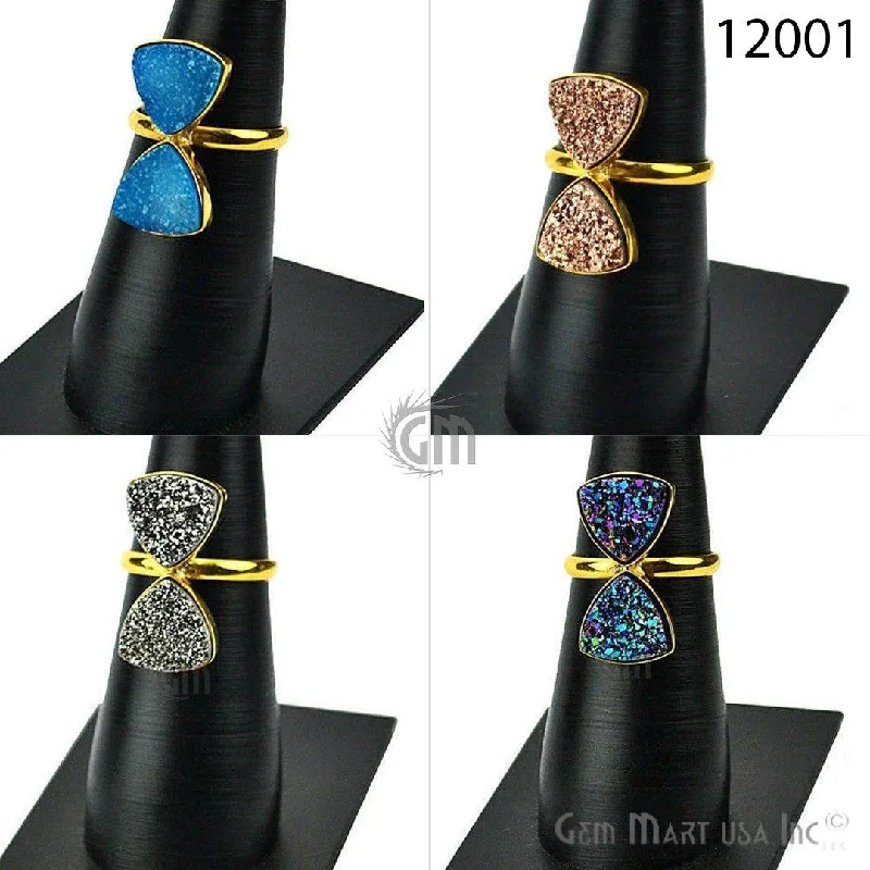 Rings with raw topaz for icy charm -Trillion Double Stone Gold Plated Druzy Fashion Jewelry Ring, Ring Size-6US (12001)