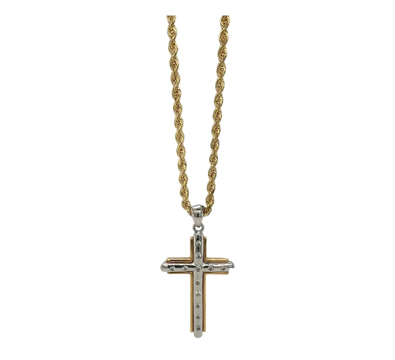 Necklaces and pendants with feather designs for a boho-chic, carefree vibe-Two-Toned Diamond Cross Pendant