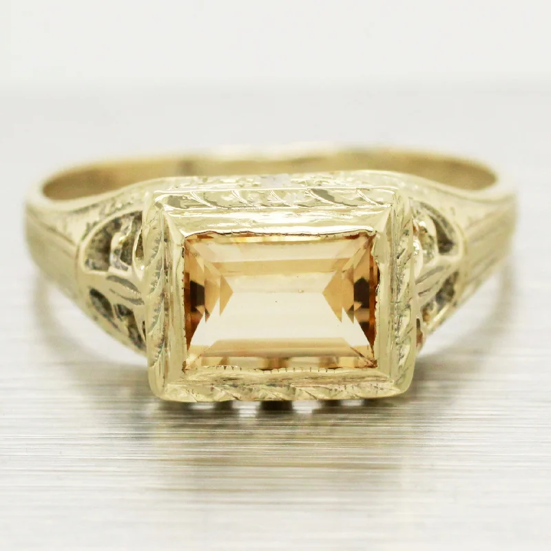 Rings with black diamond for striking contrast -Antique Art Deco 0.60ct Yellow Citrine Ring - 14k Yellow Gold Filigree Band