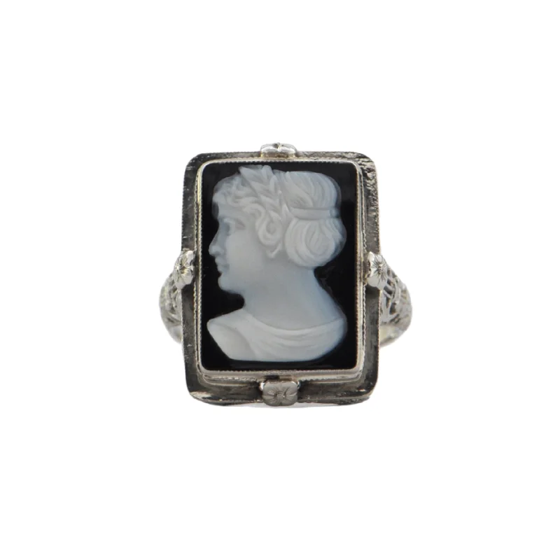 Rings with rainbow moonstone for color play -Vintage Hardstone Cameo 14K White Gold Ring