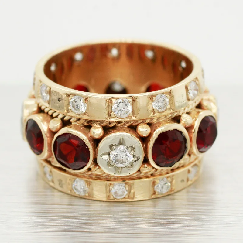 Rings with mandala engravings for spiritual vibe -Vintage 2.00ctw Garnet & Diamond Ring - 14k Yellow Gold Milgrain Band