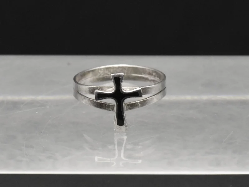 Titanium rings with rugged brushed metal look -Vintage Sterling Silver and Black Enamel Cross Ring - Size 3.75