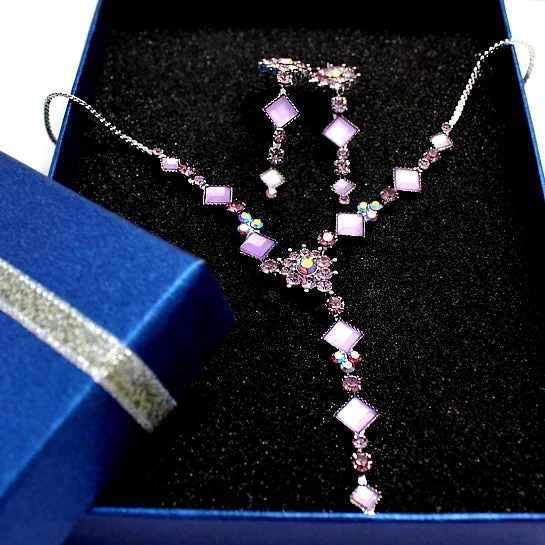 Rings with shield-shaped stones for boldness -Violet Flower Square Crystal Earring Necklace Set