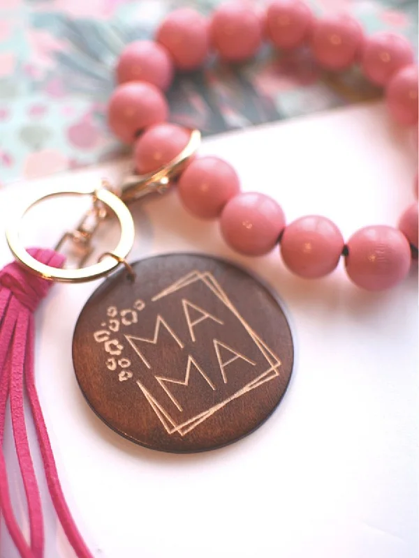 Rings with oxidized silver for antique appeal -Wood Beaded MAMA Keyring